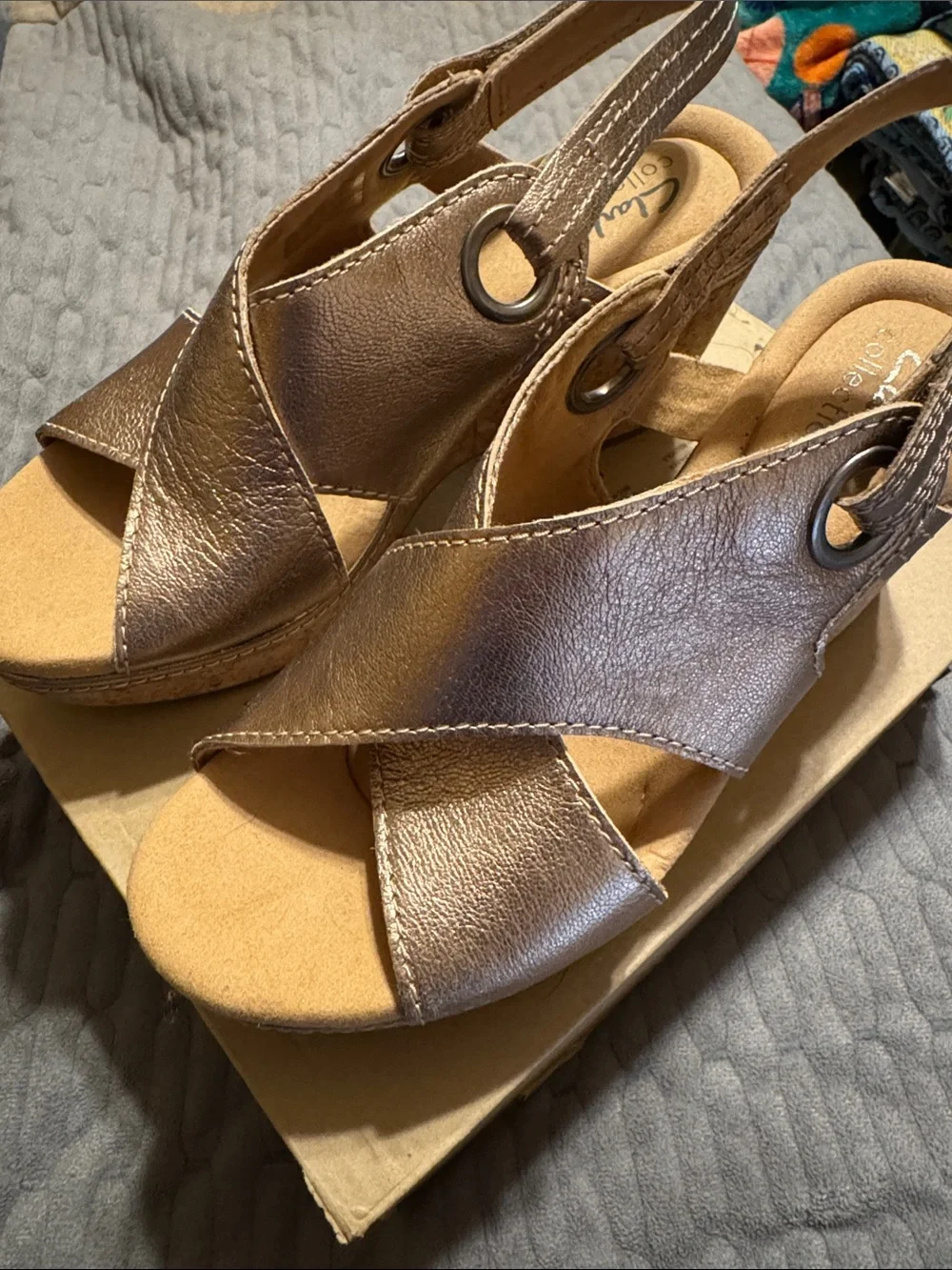 Clarks Metallic Bronze Crossband Slingback Wedge Sandals